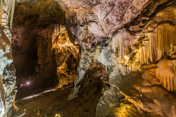 POSTOJNA, SLOVENIA - MAY 17, 2019: Rock formations of Postojna cave, Slovenia