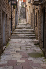 Narrow alley in the Old Town of Kotor, Montenegro.