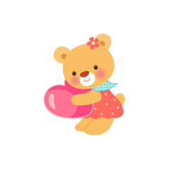 Baby bear girl holding heart on white background.