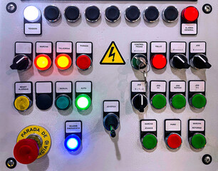 button panel of the control panel of a machine with different push buttons and selectors, emergency...
