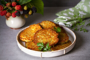 Potato Cakes. Vegetable fritters, latkes, hash browns. Vegetable pancakes