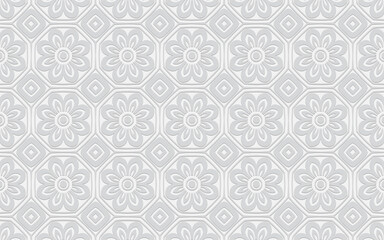 Ethnic volumetric convex white background with flowers and geometric shapes. Pattern for presentations, wallpapers, websites.