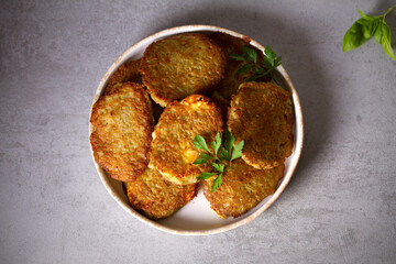 Potato Cakes. Vegetable fritters, latkes, hash browns. Vegetable pancakes. Overhead view