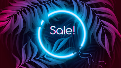 Neon light banner in fluorescent color, tropical background concept.