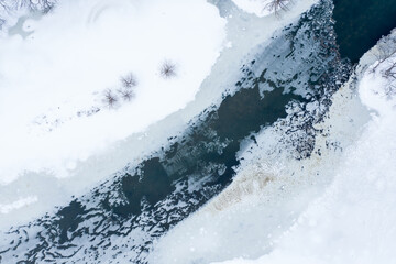 Aerial of a frozen river with water, ice, snow, bare trees and geese in the water.