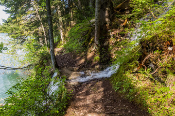 Waterfall and a hiking trail around Crno jezero lake in Durmitor mountains, Montenegro