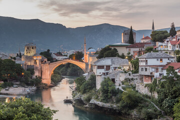 Fototapeta na wymiar Evening view of Stari most (Old Bridge) in Mostar. Bosnia and Herzegovina