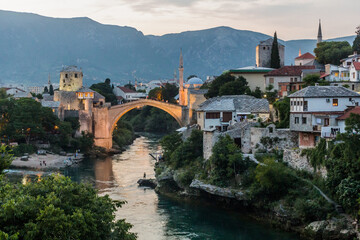 Fototapeta na wymiar Evening view of Stari most (Old Bridge) in Mostar. Bosnia and Herzegovina
