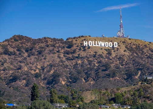 Los Angeles, CA, USA, February 1, 2021: A scenic view of the famous Hollywood sign and Mount Lee as seen from Lake Hollywood, Los Angeles, CA.