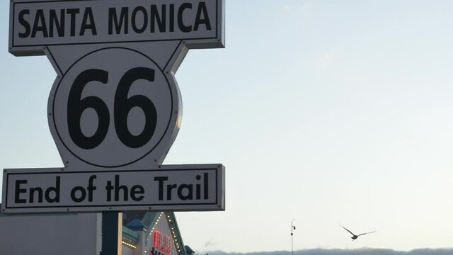 Route 66 sign end of trail at Santa Monica Pier