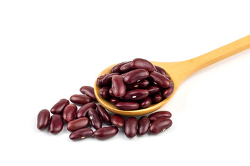 Healthy red bean on wooden spoon use a white background.