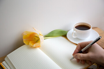 female hand writes in a large notebook on a wooden table