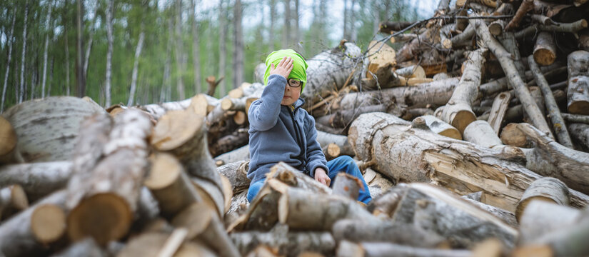 A sad little boy sits on a pile of felled tree trunks on the site of the former forest. The Facepalm gesture. The ecological problem of urban expansion and urbanization. Wide image.