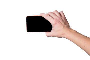 Female hand holding smartphone with black screen taking photo, isolated on white