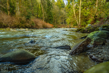 2021-02-03 THE RAGING RIVER WITH HIGH WATER LEVELS AND COLORFUL BACKGROUND IN PRESTON WASHINGTON