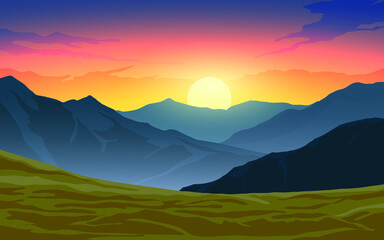 Naklejka na ściany i meble Dramatic sunset in mountains