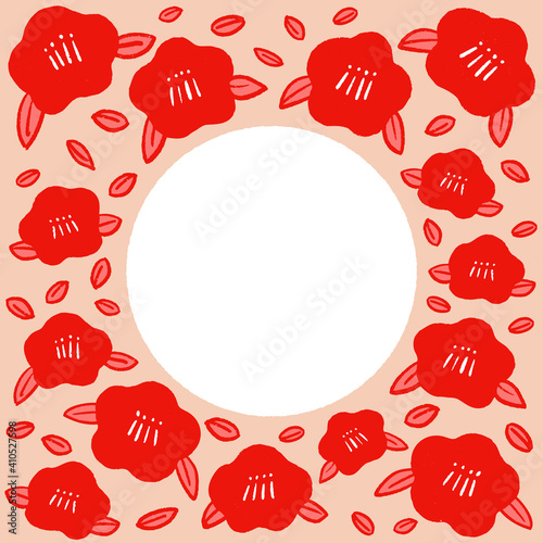 赤い椿の花と葉っぱのかわいい手書きイラスト 薄茶色バック 白丸テキストスペース付き Canvas Print Spica