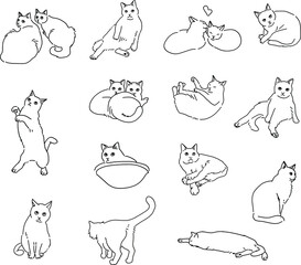 寝る 座る 遊ぶ たくさんのリアルな猫のしぐさ アウトラインのイラストセット Animal Wall Mural Anim 山尾 由美