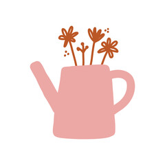 Hand drawn simple flowers in watering can illustration