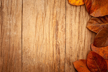 autumn leaves on vintage old wooden background, copy space