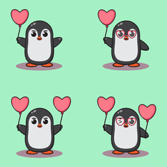 Vector illustration of cute baby penguin cartoon. Cute Penguin heart valentine character design bundle. Good for icon, logo, label, sticker, clipart.
