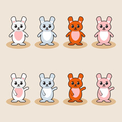 Cute rabbit vector illustration with four different color. Easter cartoon bunny isolated.