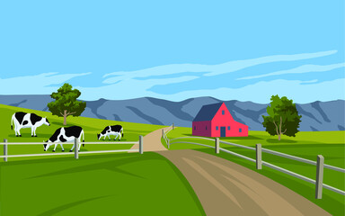 Countryside landscape with houses and mountains