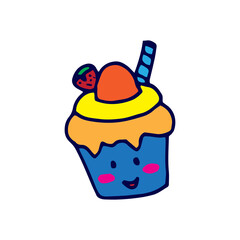 colorful cupcake vector illustration on white background. cupcake icon with eyes and smiley face. happy emoticon. hand drawn vector. doodle for kids, wallpaper, logo, poster, advert, clipart, sticker.