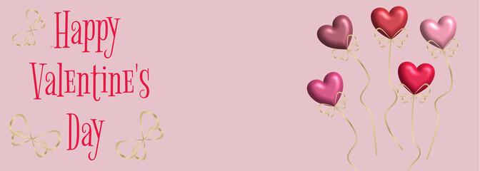 Happy Valentine's Day horizontal banner with floating hearts with golden strings