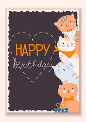 Stylish card with funny cute cats and a heart shape. Happy birthday lettering. Greeting card in flat design with animals. Vector illustration. All objects are isolated