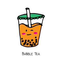 sweet mango flavor with tapioca pearl. a cup of bubble tea with straw and smiley face on white background. hand drawn vector. doodle for kids, logo, cover, banner, poster, sticker, clipart, advert.