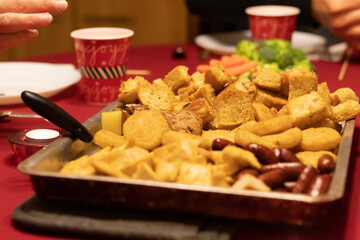 warm food; bread, chicken, and sausage