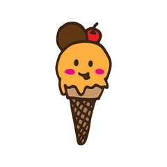 ice cream cone vector illustration on white background. ice cream cone with cherry and orange flavor. happy emoticon, eyes and smiley face. hand drawn vector. doodle for kids, logo, label, advert. 