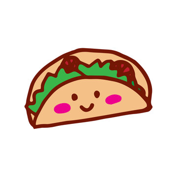 taco vector illustration on white background. taco icon with eyes and smiley face. happy face, cute character. hand drawn vector. doodle food for kids, logo, sticker, label, advertising, clipart.