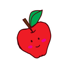 red apple with green leaf vector illustration on white background. red apple icon with eyes and smiley face. hand drawn vector. doodle for kids, logo, label, clipart, poster, advertising, sticker.