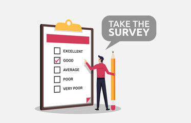 A man holding pencil filling survey form concept on clipboard symbol. Survey feedback for customer satisfaction vector illustration