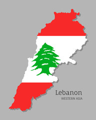 Map of Lebanon with national flag. Highly detailed editable map of Lebanon, Western Asia country territory borders. Political or geographical design element vector illustration