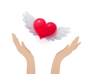 Female hands releasing red heart with wings. Romantic love concept. Wedding and Valentines Day symbol realistic vector illustration isolated on white background