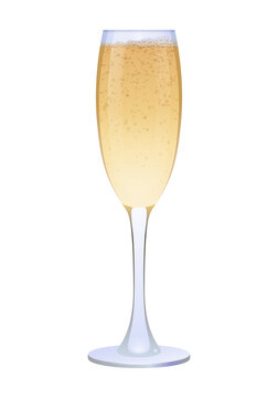 Realistic glossy transparent glass of champagne. Alcohol beverage in glassware. Happy holidays symbol vector illustration isolated on white background.