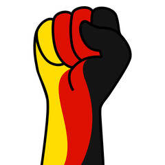 Raised german fist flag. The hand of germany. Fist shape germany flag color. Patriotic demonstration, rebel, protest, fighting for human rights, freedom. Vector flat icon, symbol for web banner, posts