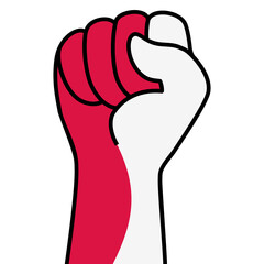 Raised polish fist flag. Hand of poland. Fist shape poland flag color. Patriotic demonstration, rebel, protest, fighting for human rights, freedom. Vector flat icon, symbol for web banner, posts