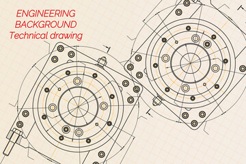 Mechanical engineering drawings on light background. Milling machine spindle. Technical Design. Cover. Blueprint