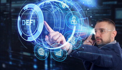 DeFi -Decentralized Finance on dark blue abstract polygonal background. Concept of blockchain, decentralized financial system.