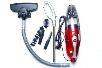 Flatlay picture of red 2 in 1 push-rod Type 800W Portable handheld vacuum household cleaner with...