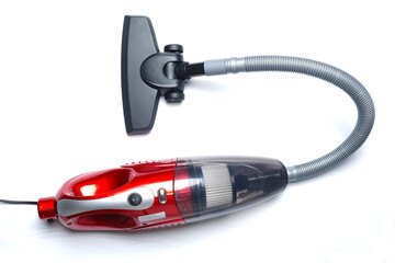 Flatlay picture of 2 in 1 red push-rod Type 800W Portable handheld vacuum household cleaner with sweep on white background