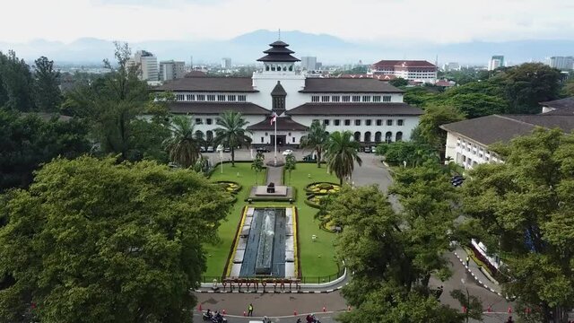 Aerial View of Bandung city with Gedung Sate an Old Historical European Dutch Colonial Governor Building in Bandung, Icon of West Java, Indonesia, Asia.