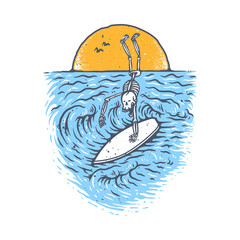 Skeleton love surf beach graphic illustration vector art t-shirt design