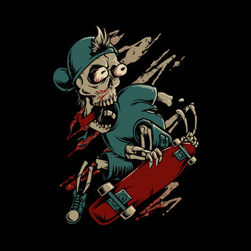 Skeleton skateboarding horror graphic illustration vector art t-shirt design