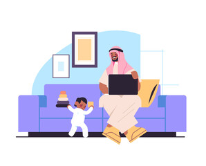 Fototapeta premium arab father playing with little son and using laptop fatherhood parenting concept dad spending time with his kid at home living room interior full length horizontal vector illustration