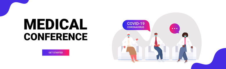 team of mix race doctors discussing during meeting medical conference covid-19 pandemic medicine healthcare concept horizontal full length vector illustration